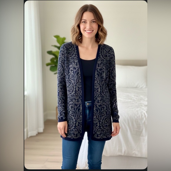 Talbots Sweaters - Talbots  XS Navy Blue & Grey Damask Cardigan Cotton Cashmere Blend Open Front